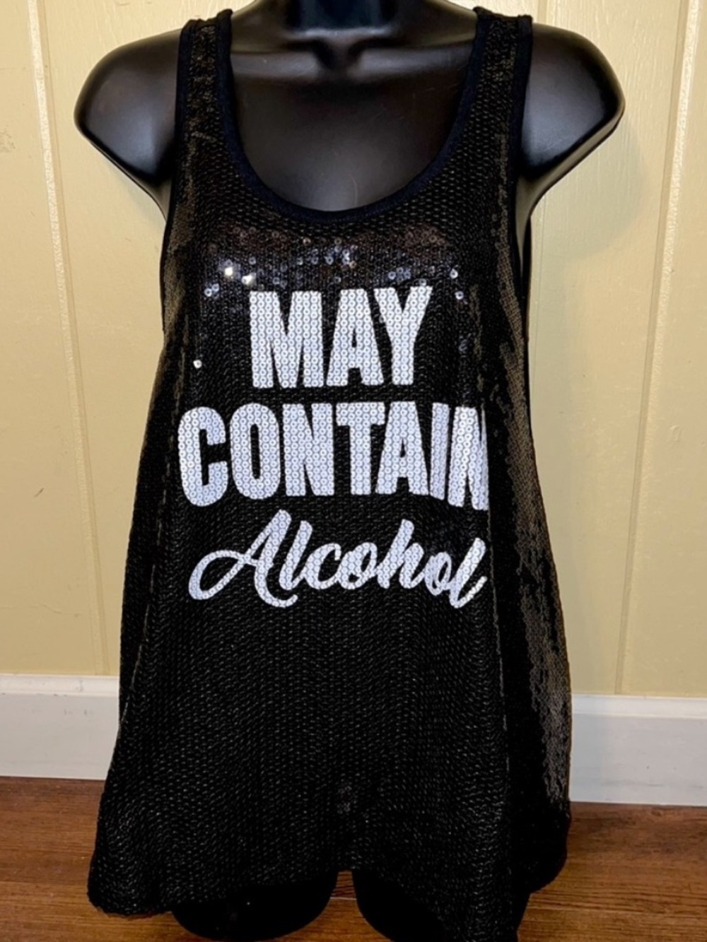 Paradiso Black Sequin Tank Top "May Contain Alcohol" Cocktail Party Glam Size M